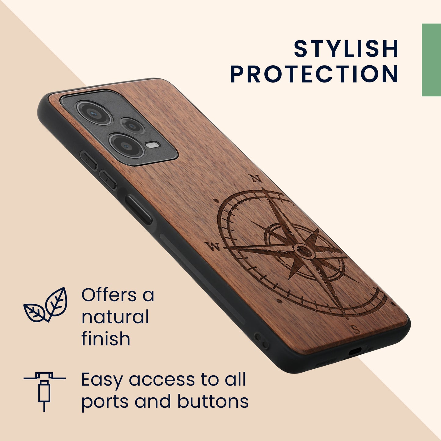 Holz Hardcase mit TPU Bumper für Xiaomi Redmi Note 12 Pro 5G Vintage Kompass mit Perlmutt