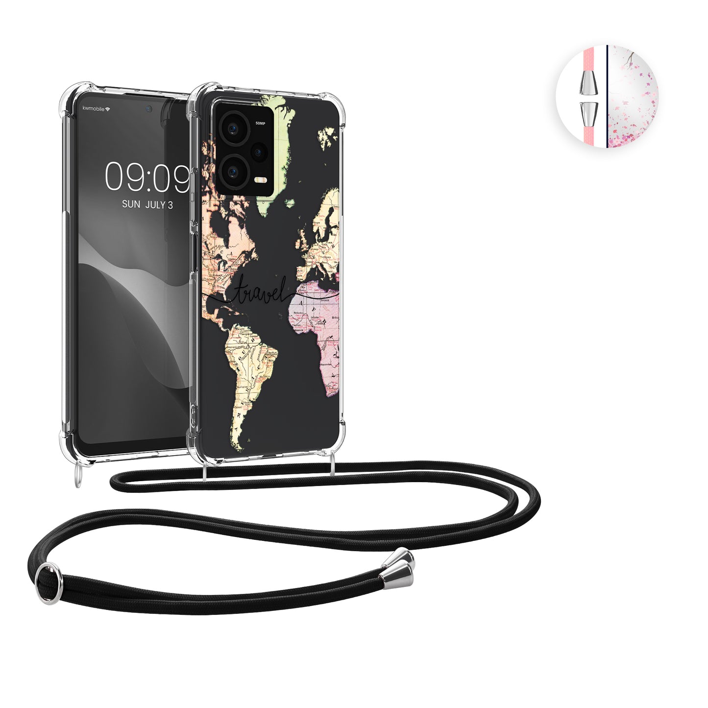kwmobile Necklace Case kompatibel mit Xiaomi Redmi Note 12 Pro 5G Hülle - Silikon Cover mit Handykette - Schwarz Mehrfarbig Transparent Travel Schriftzug Schwarz  [dsg02]