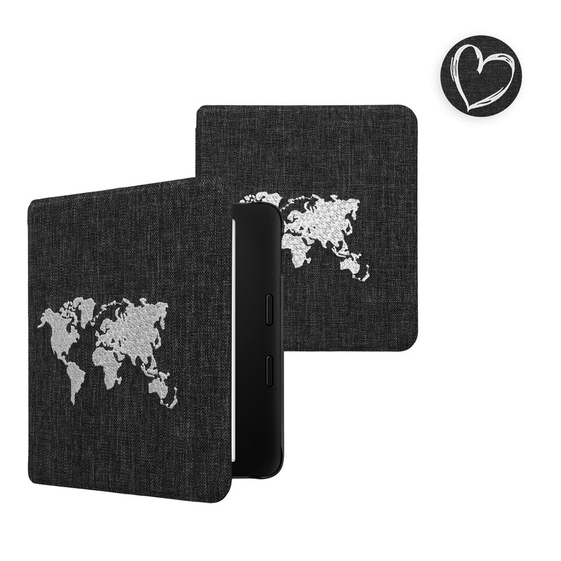 kwmobile Hülle kompatibel mit Tolino Vision 6 Cover - eReader Schutzhülle aus Stoff - Case Travel Umriss Weiß Dunkelgrau Weiß  [dsg01]