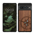 kwmobile Hülle kompatibel mit Google Pixel 7 Pro Hülle - Holz Case - Handy Cover - TPU Handyhülle in Dunkelbraun Vintage Kompass mit Perlmutt Dunkelbraun  [dsg04]