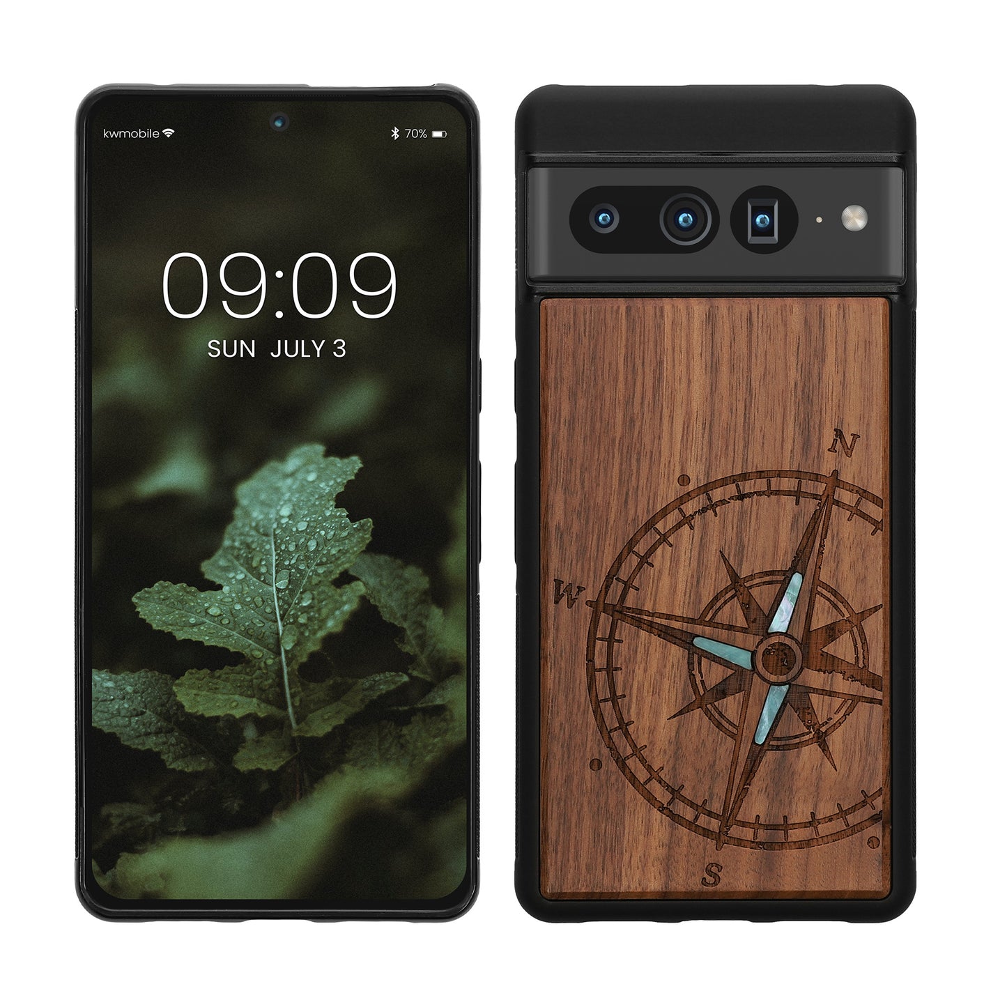 kwmobile Hülle kompatibel mit Google Pixel 7 Pro Hülle - Holz Case - Handy Cover - TPU Handyhülle in Dunkelbraun Vintage Kompass mit Perlmutt Dunkelbraun  [dsg04]