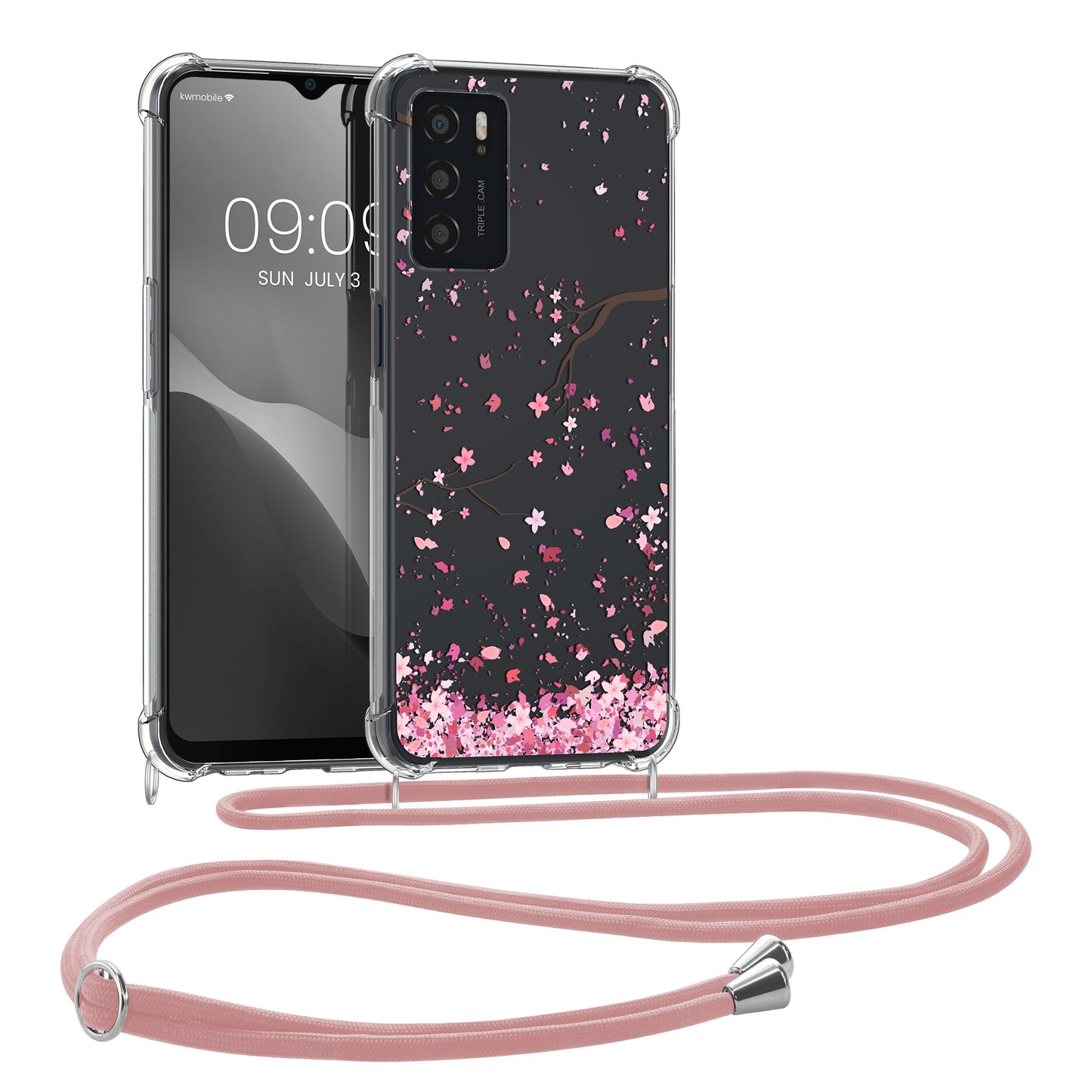 kwmobile Necklace Case kompatibel mit Oppo A16 / A16s / A54s Hülle - Silikon Cover mit Handykette - Rosa Dunkelbraun Transparent Kirschblütenblätter Rosa  [dsg01]