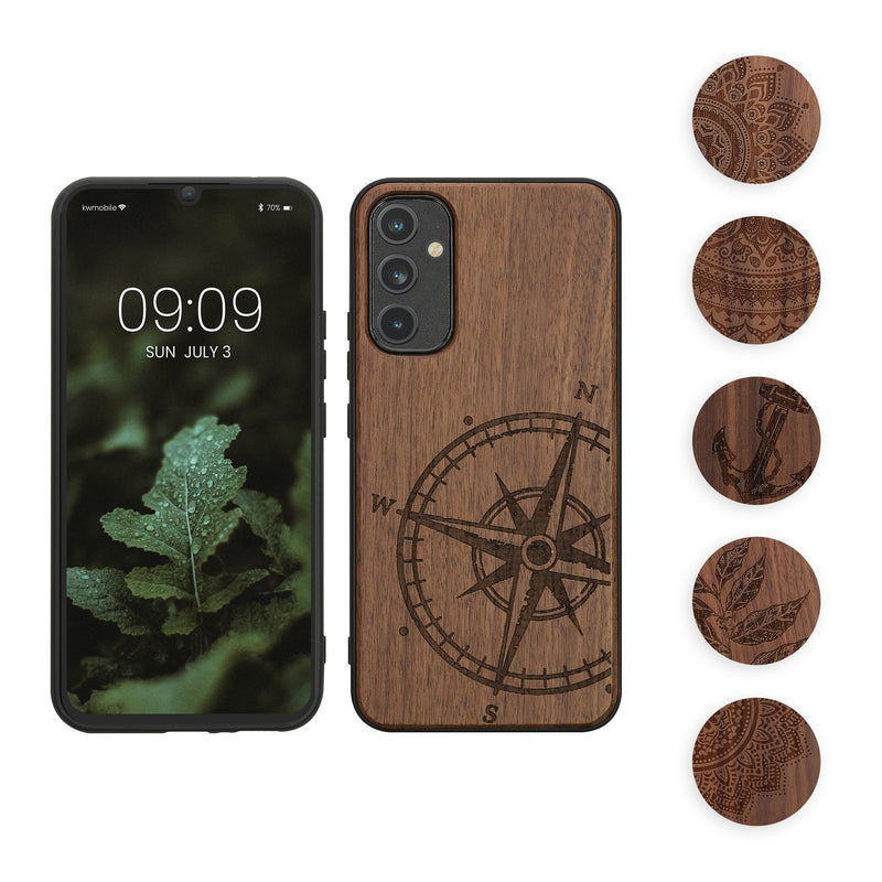 kwmobile Hülle kompatibel mit Samsung Galaxy A34 5G Hülle - Holz Case - Handy Cover - TPU Handyhülle in Dunkelbraun Kompass Vintage Dunkelbraun  [dsg01]