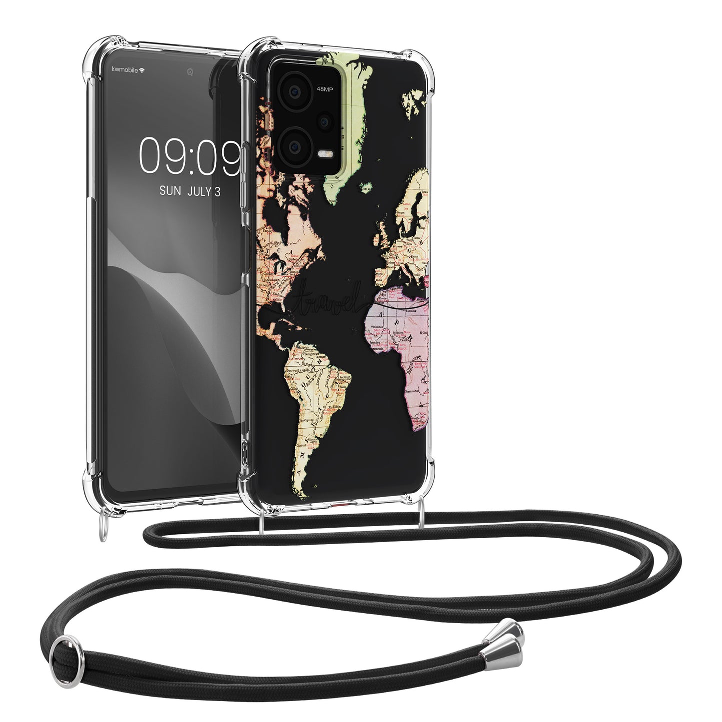 kwmobile Necklace Case kompatibel mit Xiaomi Redmi Note 12 5G / POCO X5 5G Hülle - Silikon Cover mit Handykette - Dunkelbraun Transparent Kirschblütenblätter