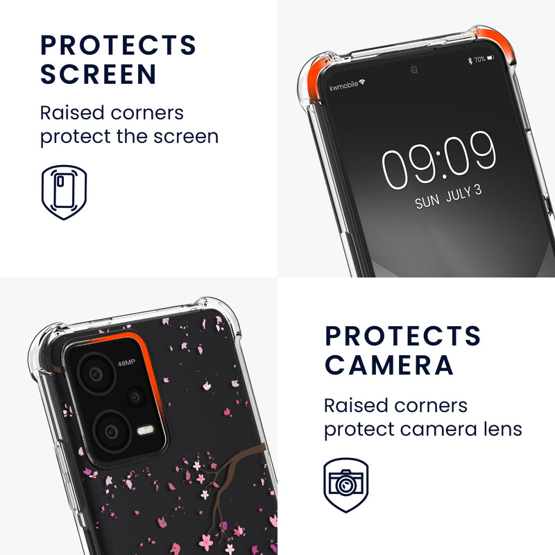 kwmobile Necklace Case kompatibel mit Xiaomi Redmi Note 12 5G / POCO X5 5G Hülle - Silikon Cover mit Handykette - Dunkelbraun Transparent Kirschblütenblätter