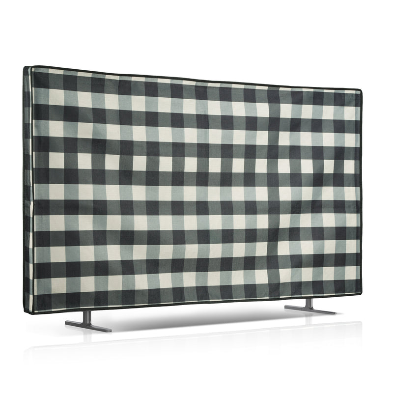 kwmobile Leinen Hülle kompatibel mit 55" TV - Schutzhülle Staubschutz Abdeckhaube für Fernseher - TV Cover Staubhaube Haube - Karo Streifen Schwarz  [dsg01]
