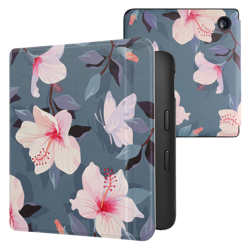 kwmobile Klapphülle kompatibel mit Kobo Libra 2 Hülle - eReader Case - Weiß-Rosa Fuchsien-Blüten Weiß Rosa Violett Weiß  [dsg01]