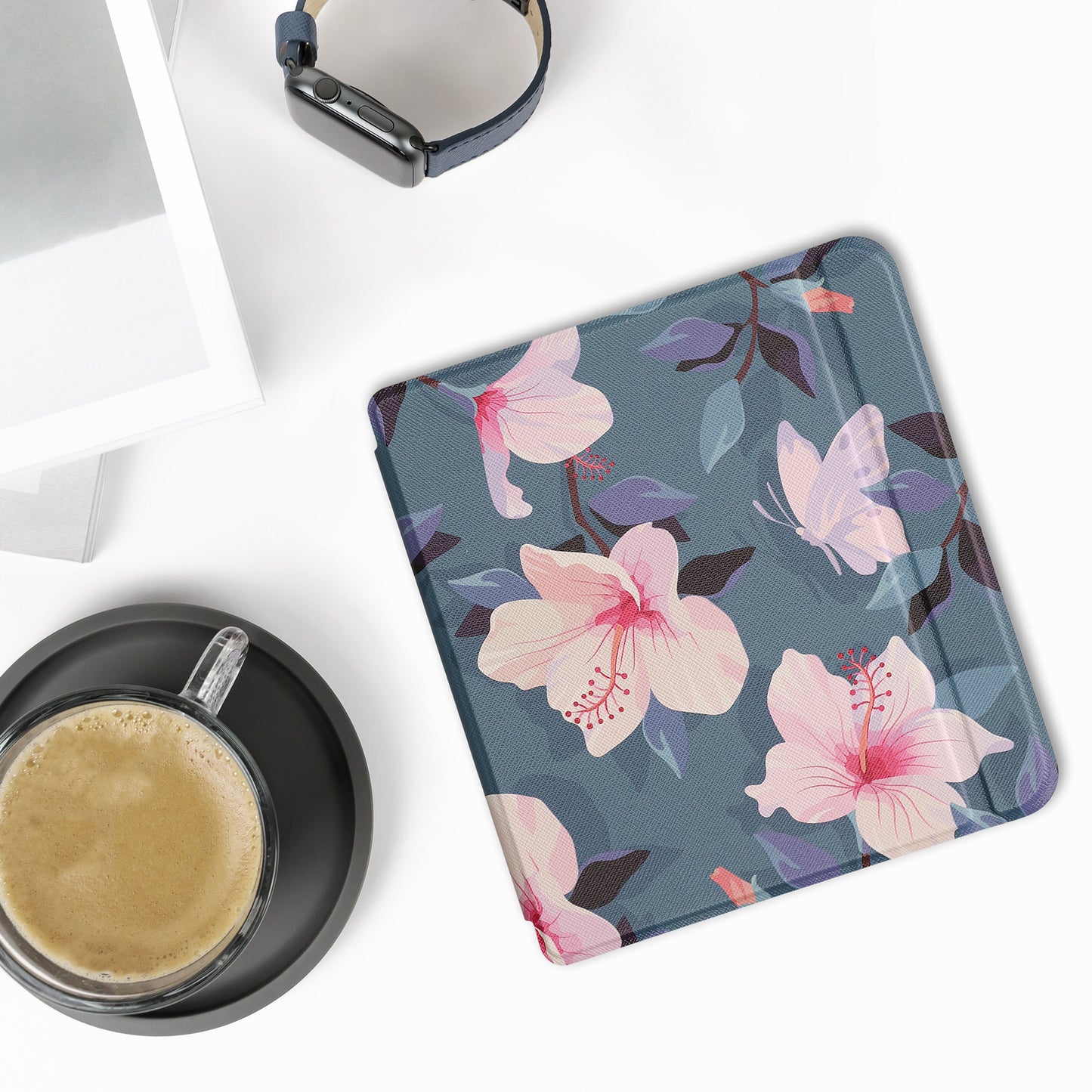 kwmobile Schutzhülle für Kobo Libra 2 Hülle - eReader Flip Case mit Auto Sleep Funktion - Bücherregal mit Pflanzen