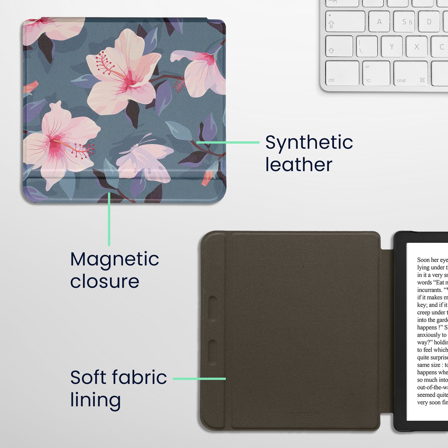 kwmobile Schutzhülle für Kobo Libra 2 Hülle - eReader Flip Case mit Auto Sleep Funktion - Bücherregal mit Pflanzen