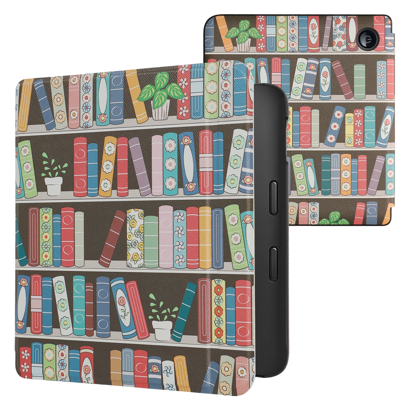 kwmobile Klapphülle kompatibel mit Kobo Libra 2 Hülle - eReader Case - Bücherregal mit Pflanzen Blau Grün Pink Blau  [dsg03]