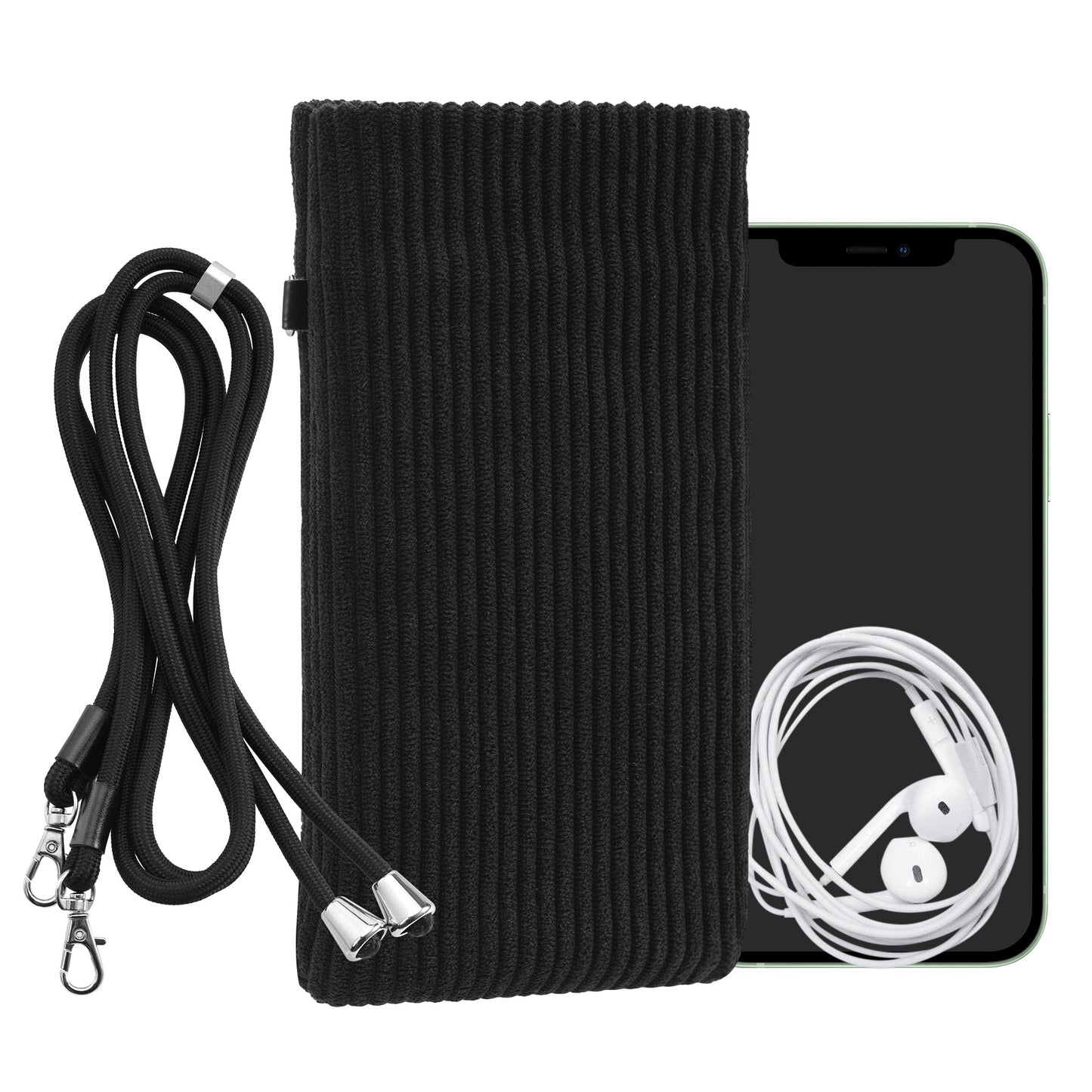 kwmobile Handytasche für Smartphones XXL - 7" Handy Tasche - Cord Handy Hülle Schwarz mit Kordel - Tasche mit Handykette 17,7 x 9 cm Innenmaße Schwarz XXL 