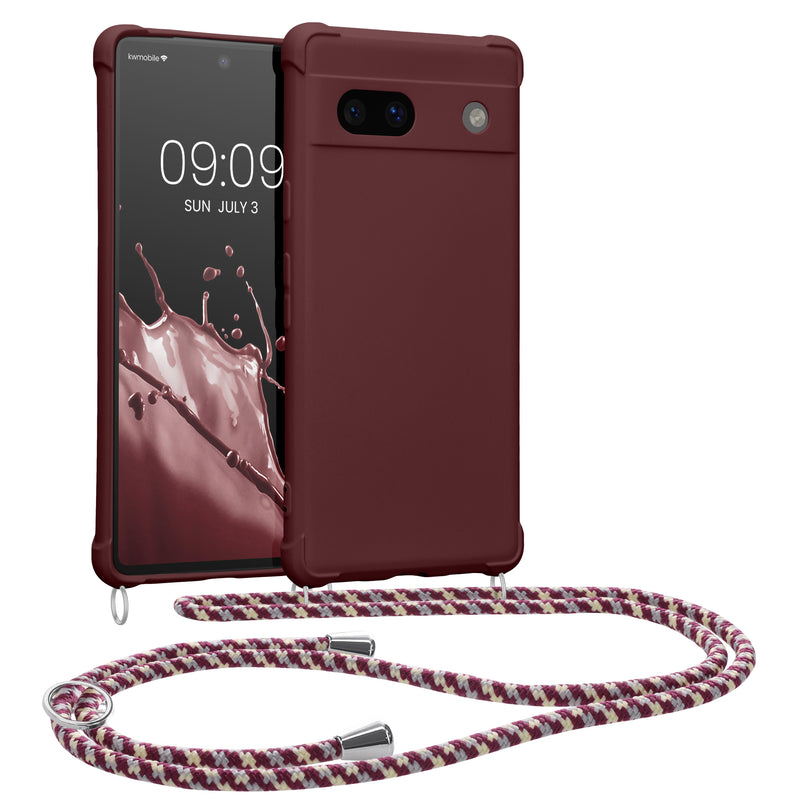 kwmobile Necklace Case kompatibel mit Google Pixel 7a Hülle - Cover mit Kordel zum Umhängen - Silikon Schutzhülle Bordeaux Violett Bordeaux Violett  