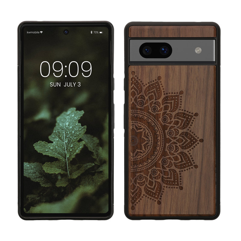 kwmobile Hülle kompatibel mit Google Pixel 7a Hülle - Holz Case - Handy Cover - TPU Handyhülle in Dunkelbraun Aufgehende Sonne Dunkelbraun  [dsg01]