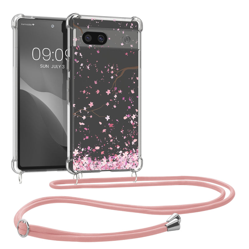 kwmobile Necklace Case kompatibel mit Google Pixel 7a Hülle - Silikon Cover mit Handykette - Rosa Dunkelbraun Transparent Kirschblütenblätter Rosa  [dsg02]
