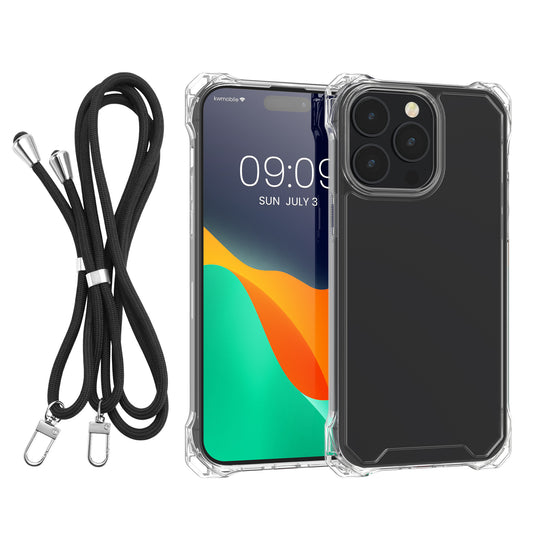 kwmobile Necklace Case kompatibel mit Apple iPhone 14 Pro Max Hülle - stoßfestes Kunststoff Cover mit Handykette und TPU Bumper - Transparent Schwarz Transparent  