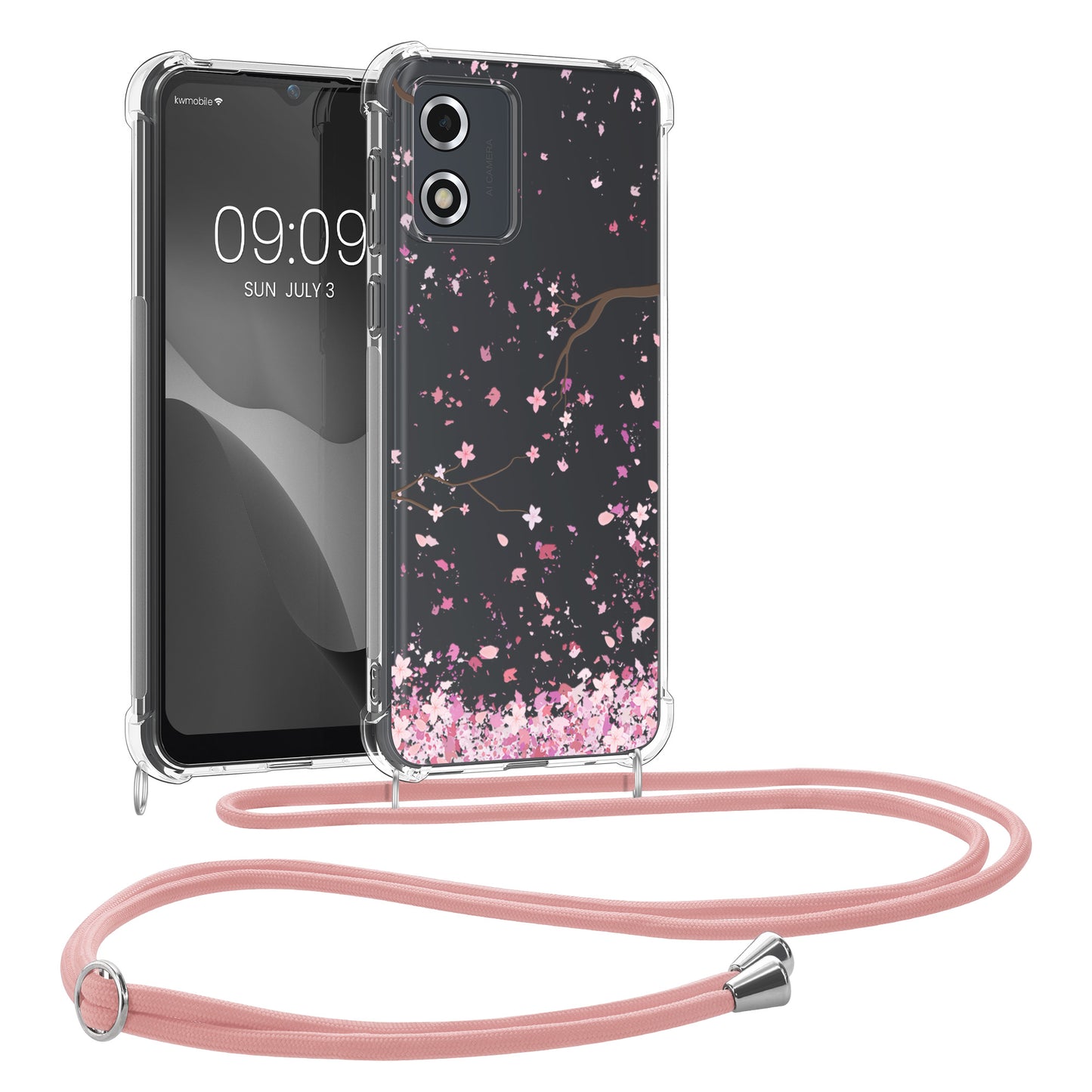 kwmobile Necklace Case kompatibel mit Motorola Moto E13 Hülle - Silikon Cover mit Handykette - Rosa Dunkelbraun Transparent Kirschblütenblätter Rosa  [dsg01]