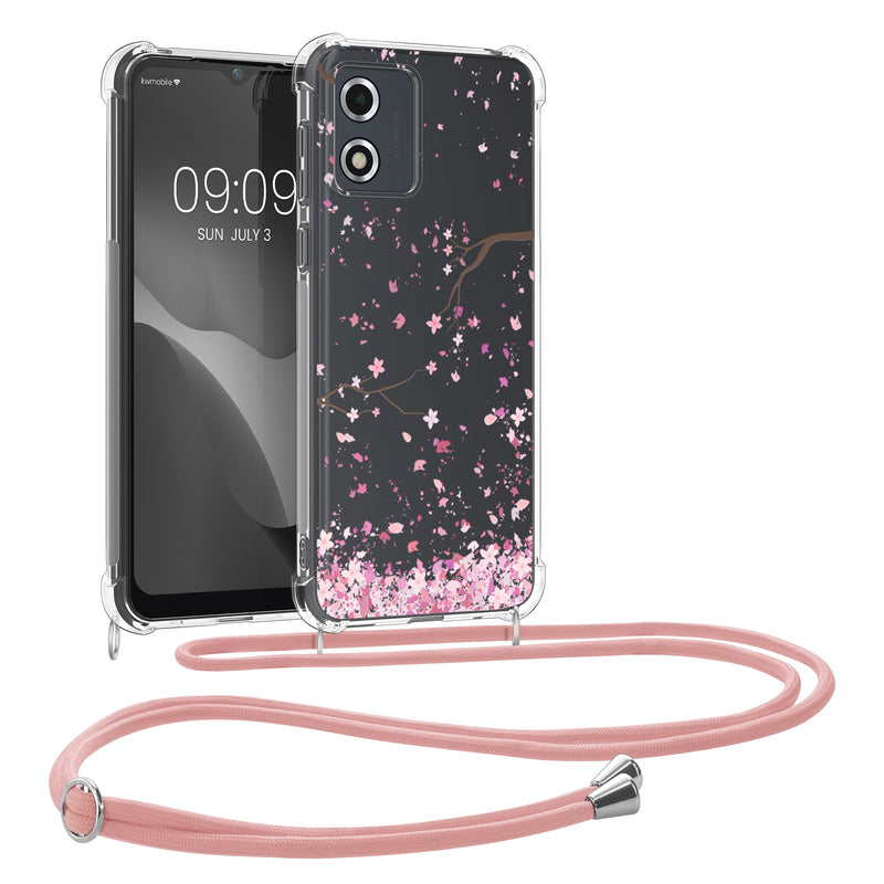 kwmobile Necklace Case kompatibel mit Motorola Moto E13 Hülle - Silikon Cover mit Handykette - Rosa Dunkelbraun Transparent Kirschblütenblätter Rosa  [dsg01]