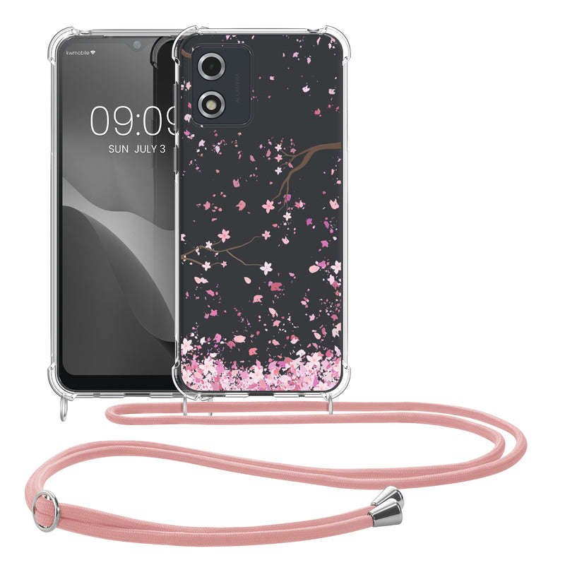 kwmobile Necklace Case kompatibel mit Motorola Moto E13 Hülle Silikon Cover mit Handykette Kirschblütenblätter