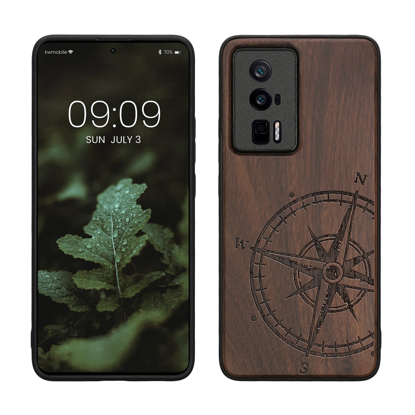 kwmobile Hülle kompatibel mit Xiaomi Poco F5 Pro 5G Hülle - Holz Case - Handy Cover - TPU Handyhülle in Dunkelbraun Kompass Vintage Dunkelbraun  [dsg01]