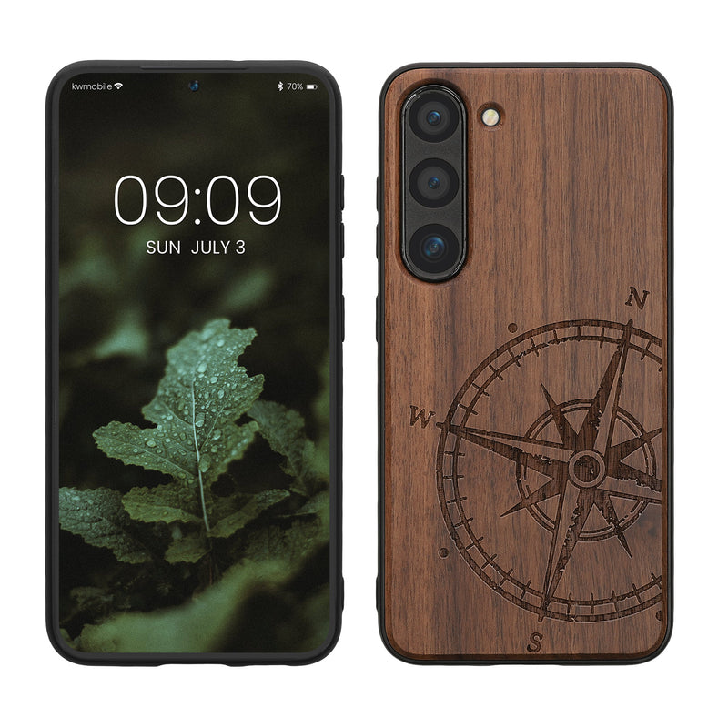 kwmobile Hülle kompatibel mit Samsung Galaxy S23 Hülle - Holz Case - Handy Cover - TPU Handyhülle in Dunkelbraun Kompass Vintage Dunkelbraun  [dsg02]