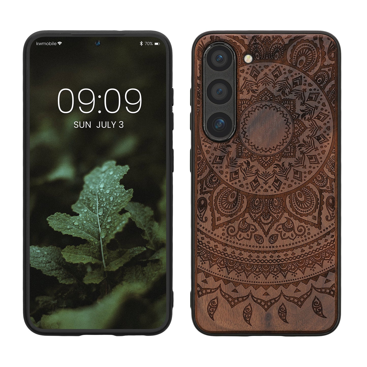kwmobile Hülle kompatibel mit Samsung Galaxy S23 Hülle - Holz Case - Handy Cover - TPU Handyhülle in Dunkelbraun Indische Sonne Dunkelbraun  [dsg03]