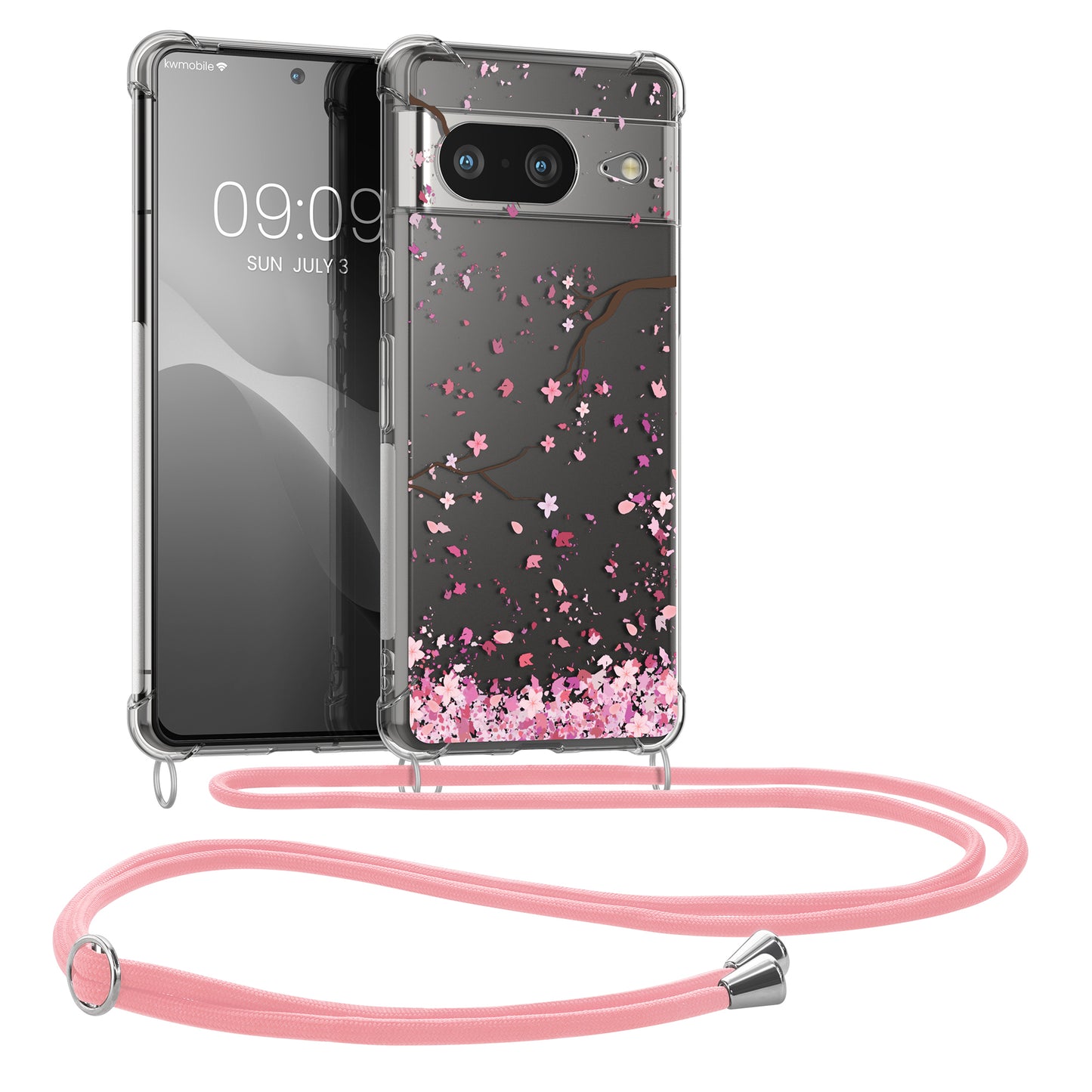 kwmobile Necklace Case kompatibel mit Google Pixel 8 Hülle - Silikon Cover mit Handykette - Rosa Dunkelbraun Transparent Kirschblütenblätter Rosa  [dsg02]
