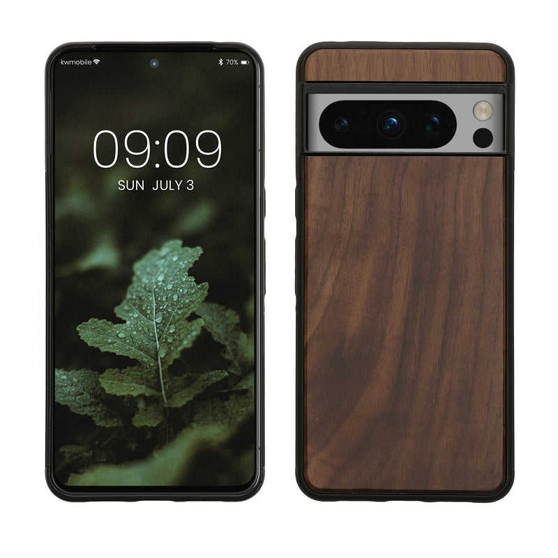 kwmobile Hülle kompatibel mit Google Pixel 8 Pro Hülle - Holz Case - stoßfestes Handy Cover - TPU Handyhülle in Dunkelbraun Walnussholz Dunkelbraun  
