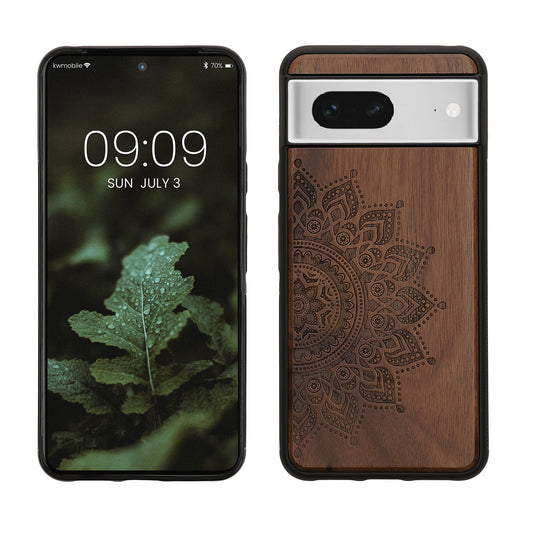 kwmobile Hülle kompatibel mit Google Pixel 8 Hülle - Holz Case - Handy Cover - TPU Handyhülle in Dunkelbraun Aufgehende Sonne Dunkelbraun  [dsg01]