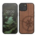 kwmobile Hülle kompatibel mit iPhone 15 Hülle - Holz Case - Handy Cover - TPU Handyhülle in Dunkelbraun Kompass Vintage Dunkelbraun  [dsg01]