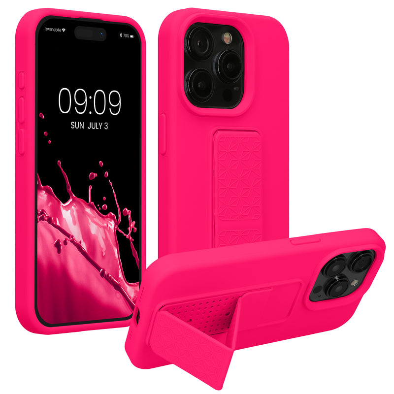 kwmobile Handyhülle kompatibel mit iPhone 15 Pro - Hülle mit Fingerhalter und Standfunktion - Silikon Case Handy Cover in Neon Pink Neon Pink  