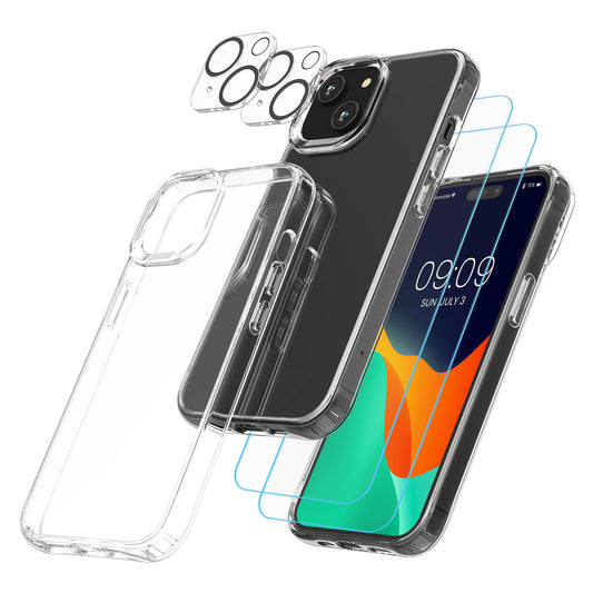 kwmobile 5in1 Set Handyhülle kompatibel mit iPhone 15 Plus Hülle - 1x stoßsichere Schutzhülle 2x Schutzglas Display 2x Kamerschutz Glas - Transparent Transparent  