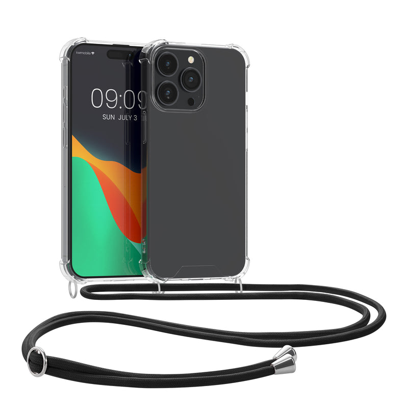 kwmobile Necklace Case kompatibel mit iPhone 15 Pro Hülle - Silikon Cover mit Handykette - Band Handyhülle Transparent Schwarz Transparent  