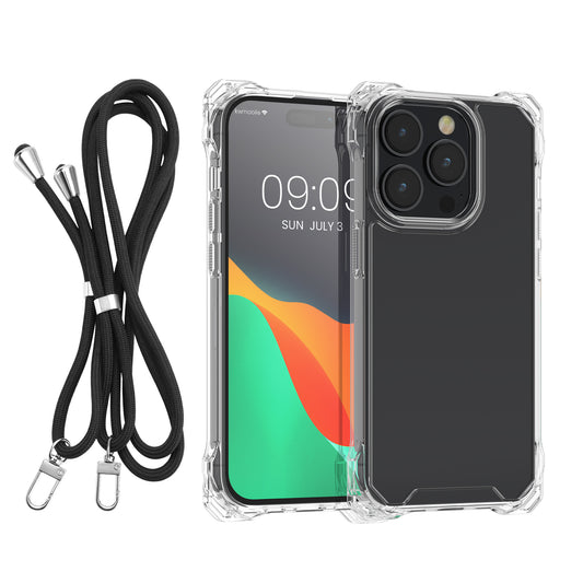 kwmobile Necklace Case kompatibel mit iPhone 15 Pro Hülle - stoßfestes Kunststoff Cover mit Handykette und TPU Bumper - Transparent Schwarz Transparent  