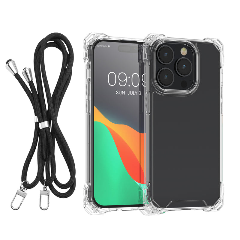 kwmobile Necklace Case kompatibel mit iPhone 15 Pro Hülle - stoßfestes Kunststoff Cover mit Handykette und TPU Bumper - Transparent Schwarz Transparent  
