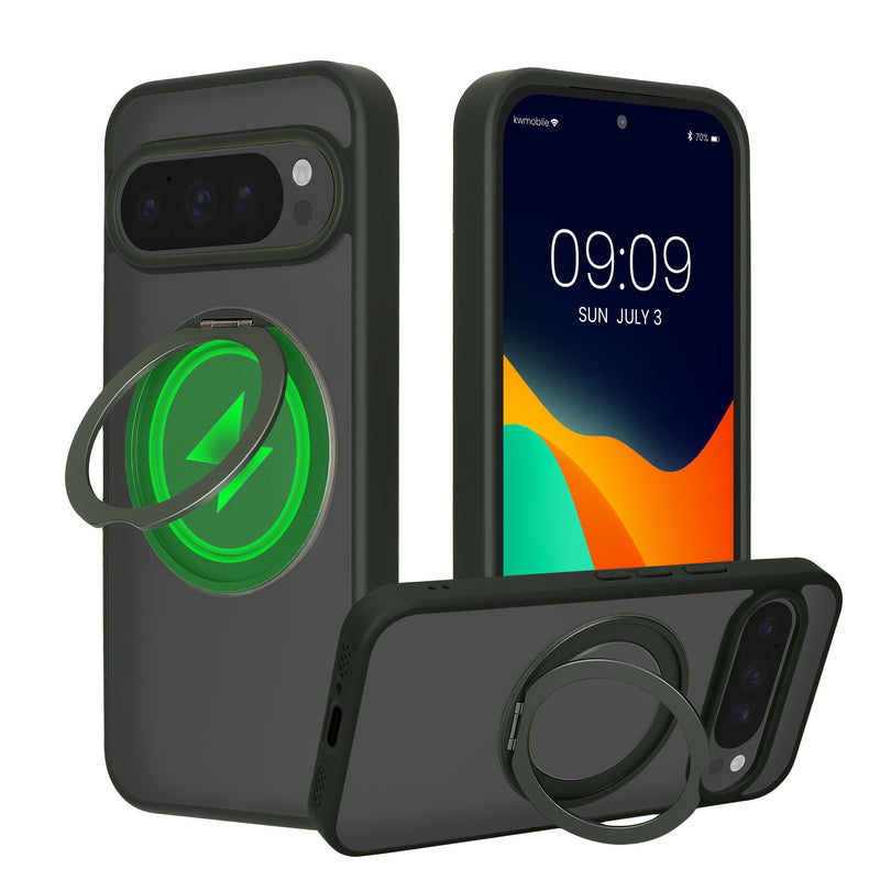 kalibri Schutzhülle mit Standringhalter kompatibel mit Google Pixel 10 Pro XL Hülle - Kickstand 360° Ring Hardcase kompatibel mit MagSafe - Moosgrün Matt Transparent Moosgrün  