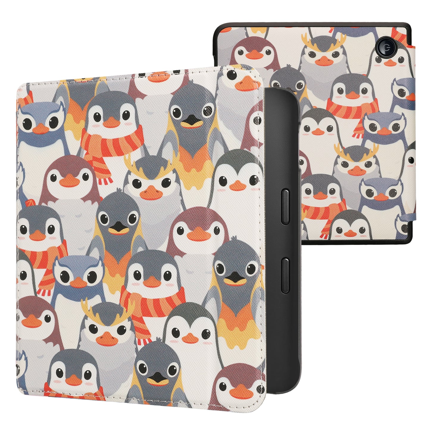 kwmobile Klapphülle kompatibel mit Kobo Libra 2 Hülle - eReader Case - Pinguine Grau Gelb Braun Grau  [dsg78]