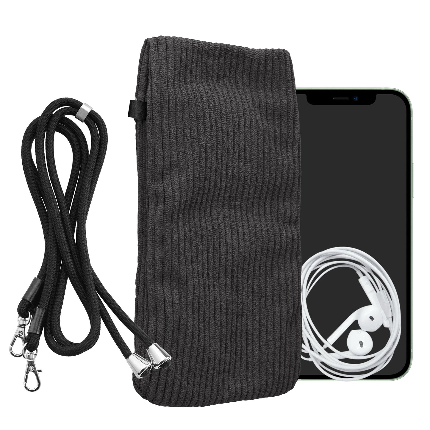 kwmobile Handytasche für Smartphones XXL - 7" Handy Tasche - Cord Handy Hülle Dunkelgrau mit Kordel - Tasche mit Handykette 17,7 x 9 cm Innenmaße Dunkelgrau XXL 
