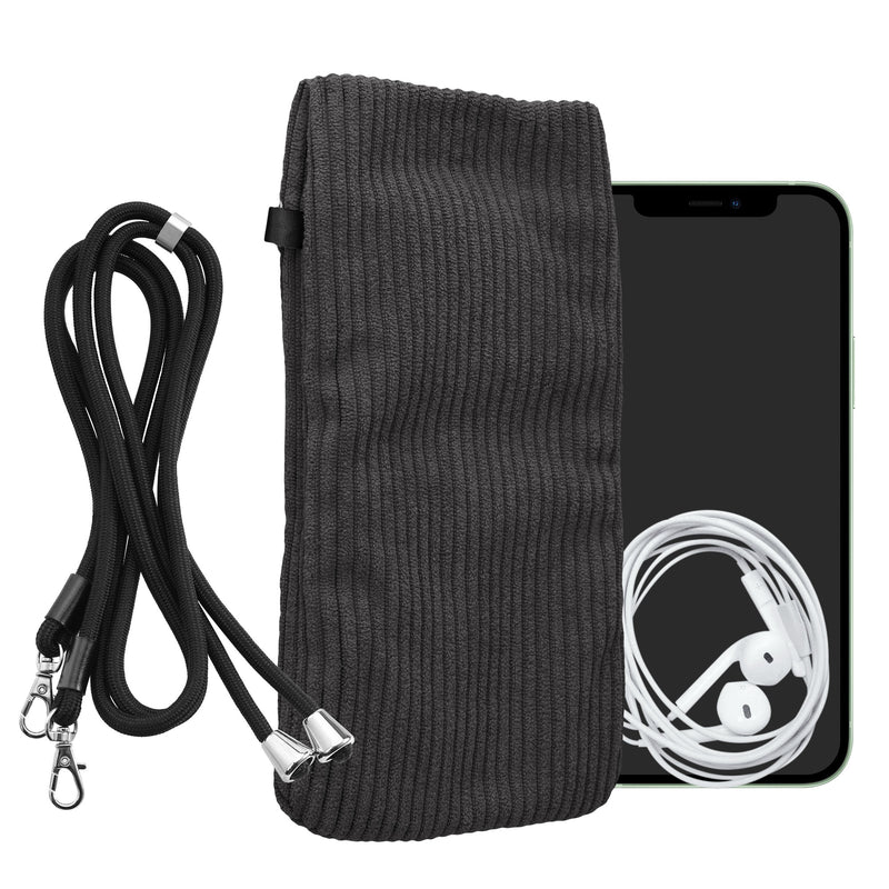 kwmobile Handytasche für Smartphones XXL - 7" Handy Tasche - Cord Handy Hülle Dunkelgrau mit Kordel - Tasche mit Handykette 17,7 x 9 cm Innenmaße Dunkelgrau XXL 