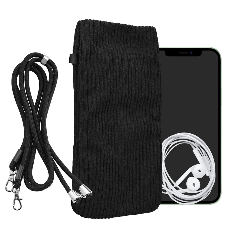 kwmobile Handytasche für Smartphones XL - 6,7/6,8" Handy Tasche - Cord Handy Hülle Schwarz mit Kordel - Tasche mit Handykette 16,7 x 9,5 cm Innenmaße Schwarz XL 