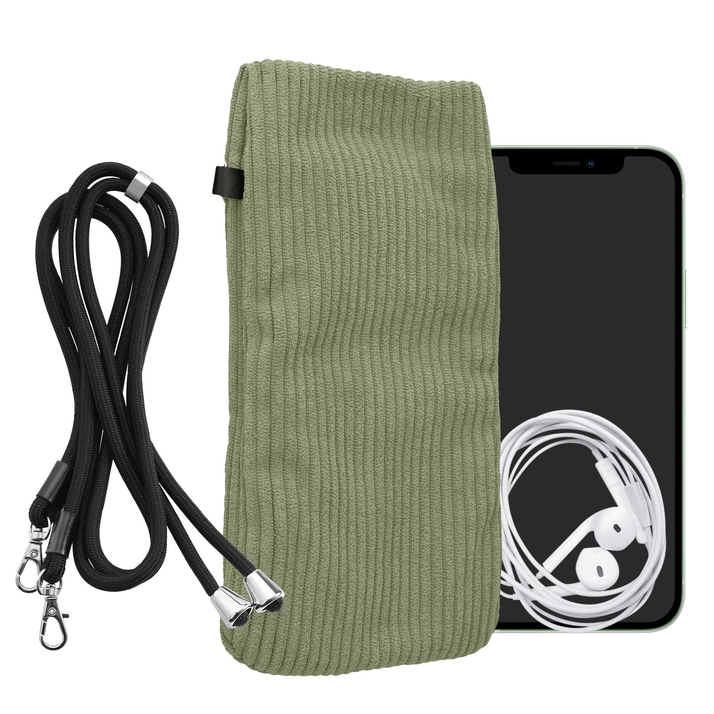 kwmobile Handytasche für Smartphones XL - 6,7/6,8" Handy Tasche - Cord Handy Hülle Graugrün mit Kordel - Tasche mit Handykette 16,7 x 9,5 cm Innenmaße Graugrün XL 