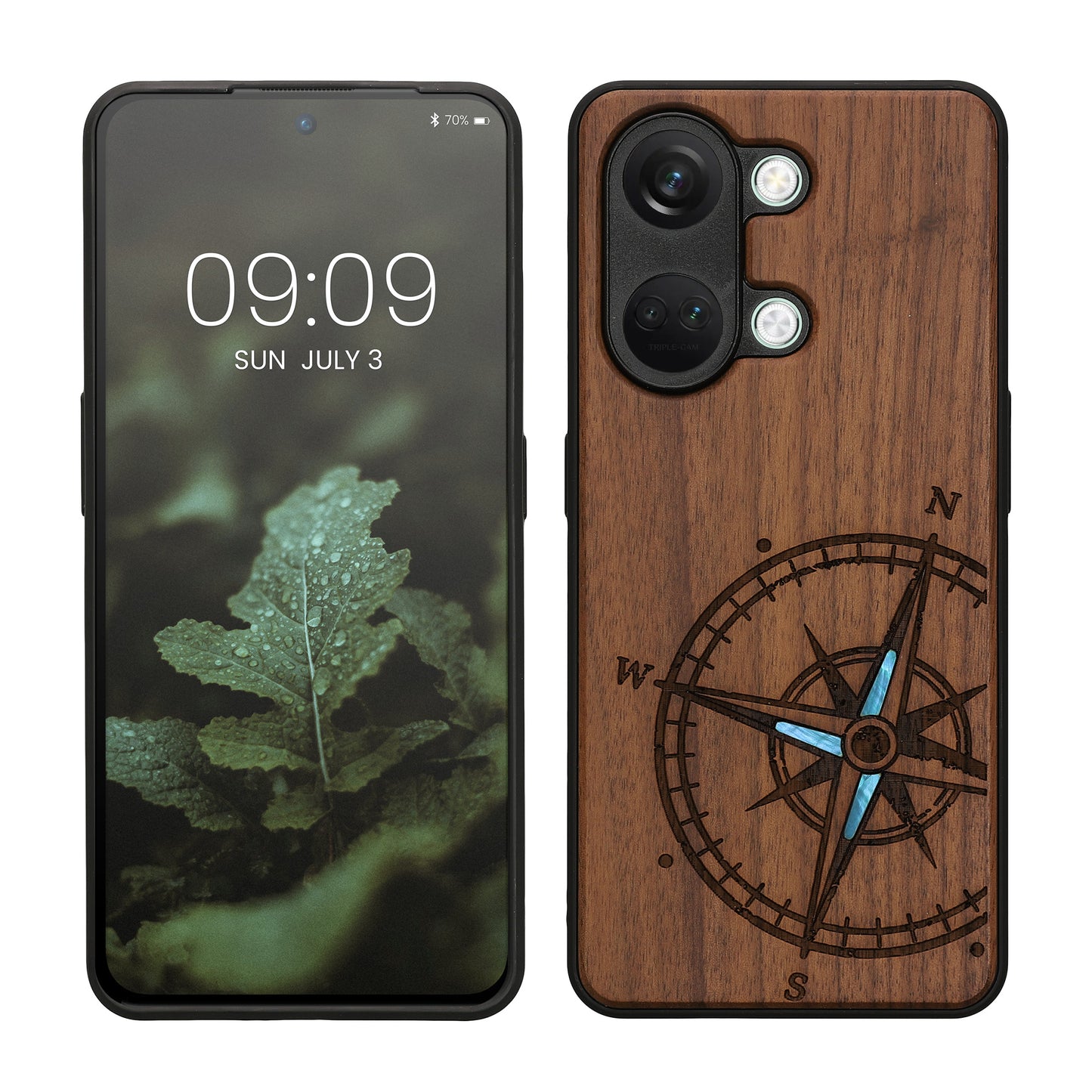 kwmobile Hülle kompatibel mit OnePlus Nord 3 5G Hülle - Holz Case - Handy Cover - TPU Handyhülle in Dunkelbraun Vintage Kompass mit Perlmutt Dunkelbraun  [dsg03]