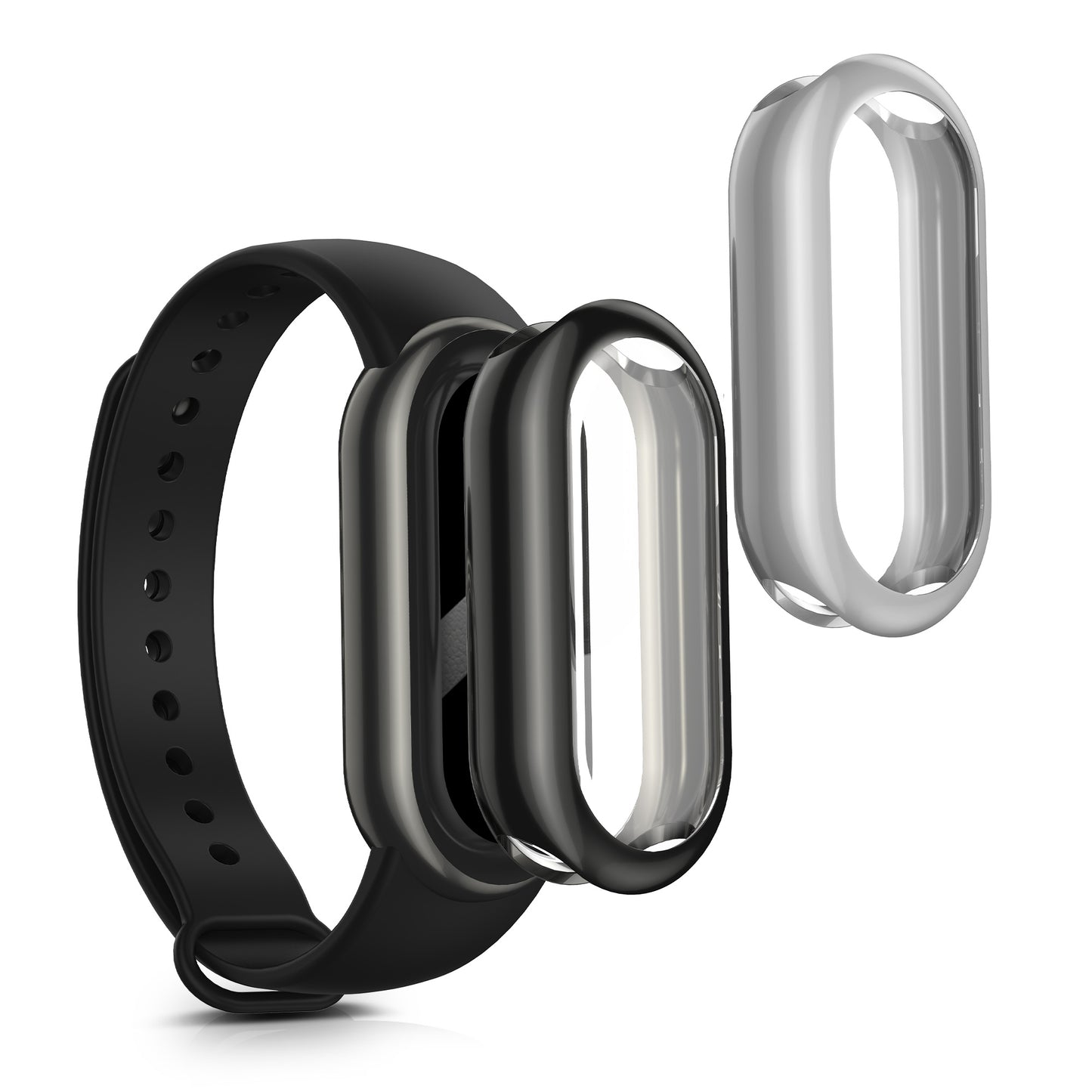 kwmobile 2x Schutzhülle kompatibel mit Xiaomi Mi Band 8 Hülle - Fullbody Cover Set aus Silikon - Schwarz Silber Schwarz  [dsg07]