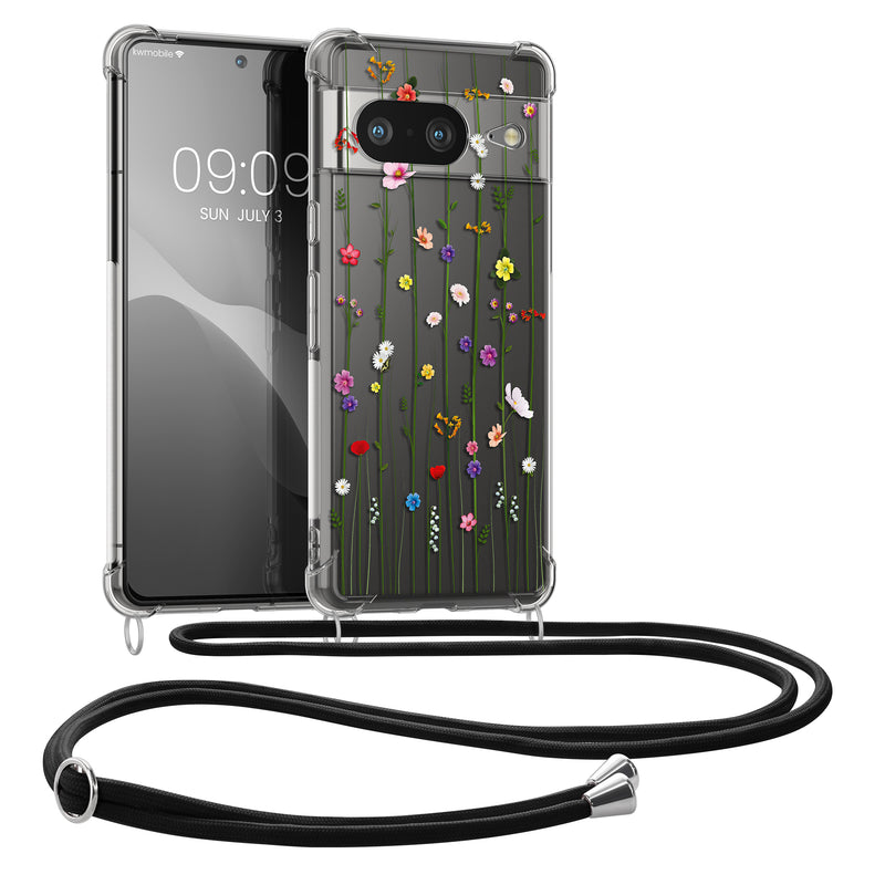 kwmobile Necklace Case kompatibel mit Google Pixel 8 Hülle - Silikon Cover mit Handykette - Mehrfarbig Transparent Wildblumen Ranke Mehrfarbig  [dsg04]