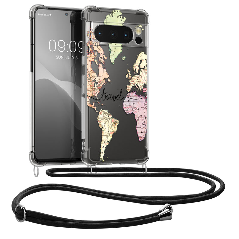 kwmobile Necklace Case kompatibel mit Google Pixel 8 Pro Hülle - Silikon Cover mit Handykette - Schwarz Mehrfarbig Transparent Travel Schriftzug Schwarz  [dsg04]