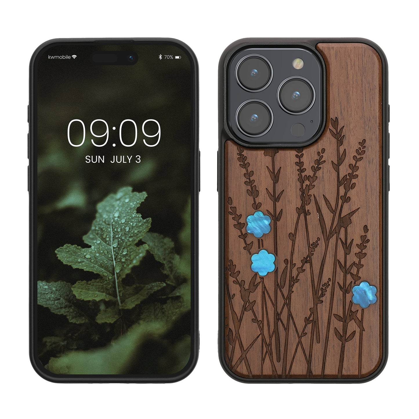 kwmobile Hülle kompatibel mit iPhone 15 Pro Hülle - Holz Case - Handy Cover - TPU Handyhülle in Dunkelbraun Perlmutt-Lavendel Dunkelbraun  [dsg03]