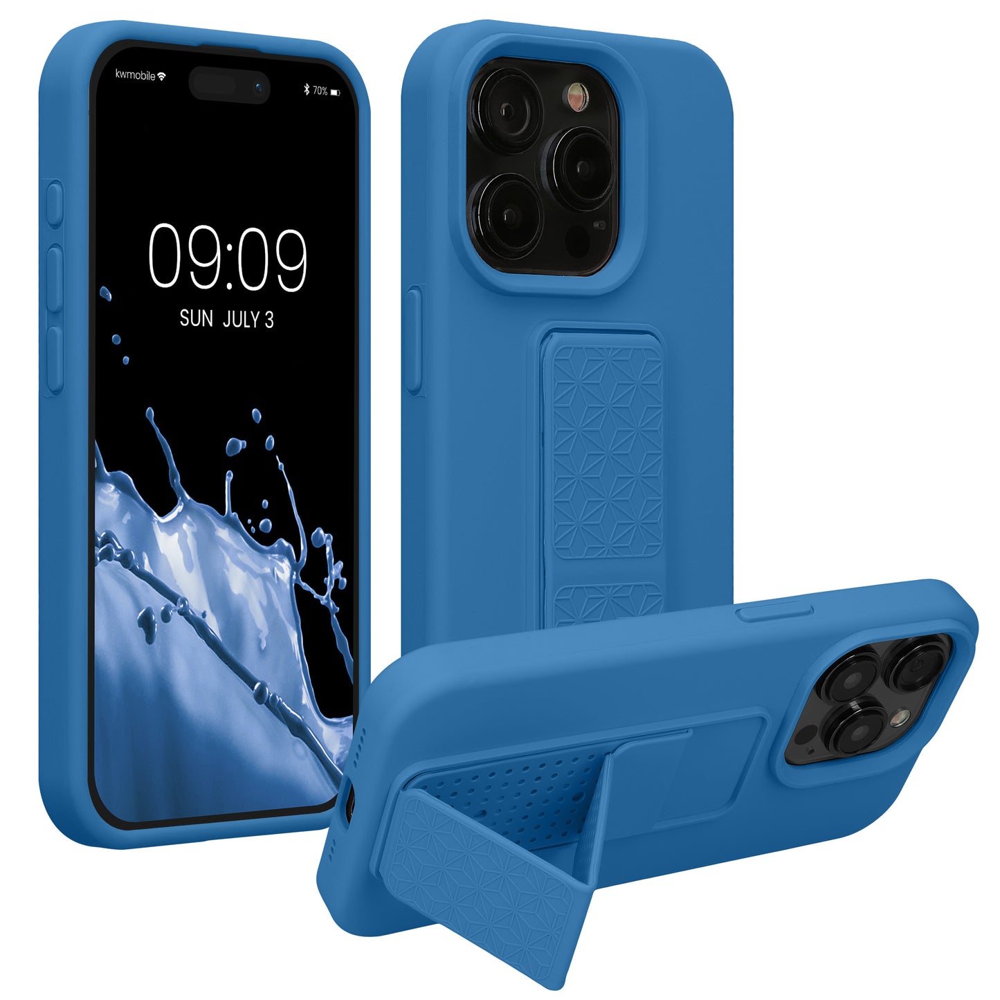 kwmobile Handyhülle kompatibel mit iPhone 15 Pro - Hülle mit Fingerhalter und Standfunktion - Silikon Case Handy Cover in Karibikblau Karibikblau  
