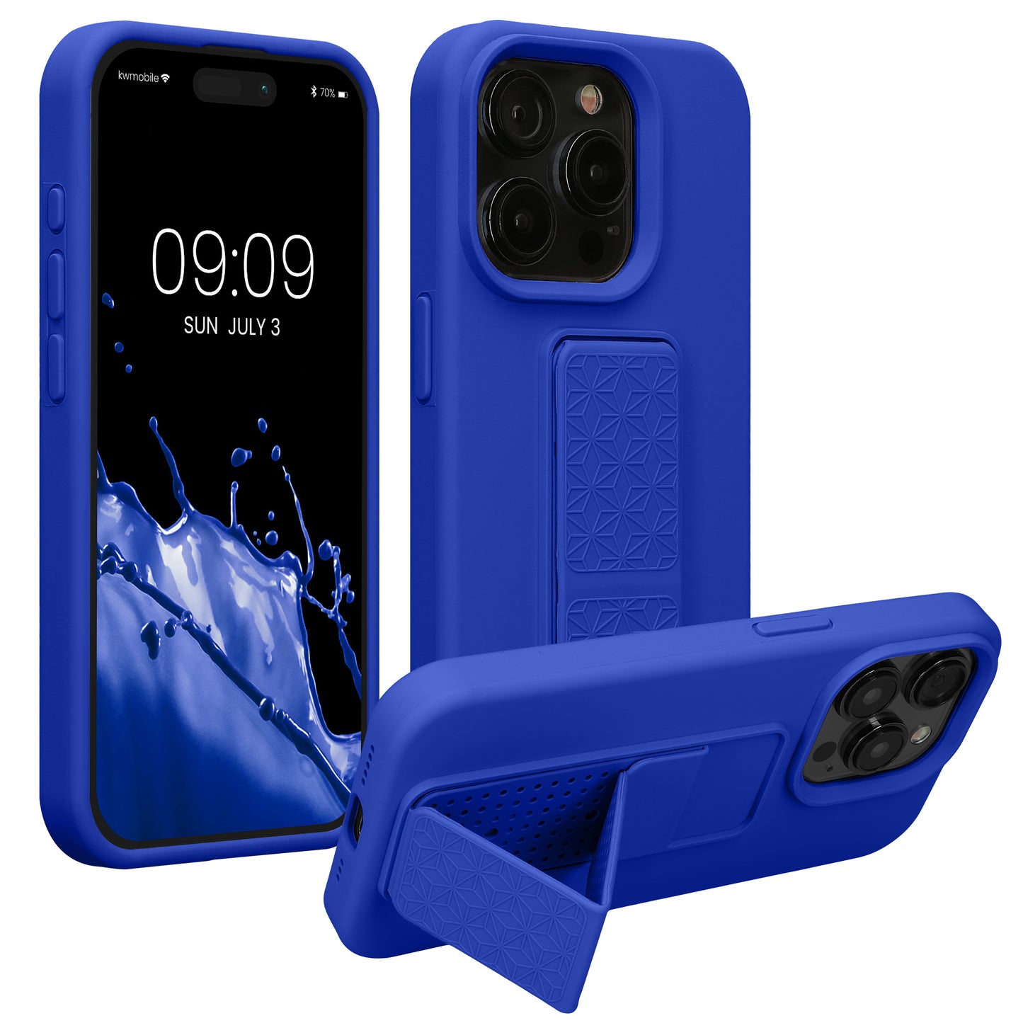 kwmobile Handyhülle kompatibel mit iPhone 15 Pro - Hülle mit Fingerhalter und Standfunktion - Silikon Case Handy Cover in Baltik Blau Baltik Blau  