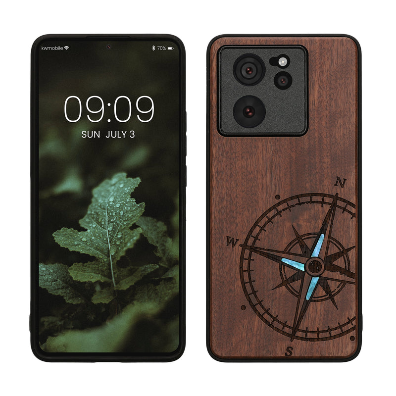 kwmobile Hülle kompatibel mit Xiaomi 13T / 13T Pro Hülle - Holz Case - Handy Cover - TPU Handyhülle in Dunkelbraun Vintage Kompass mit Perlmutt Dunkelbraun  [dsg02]