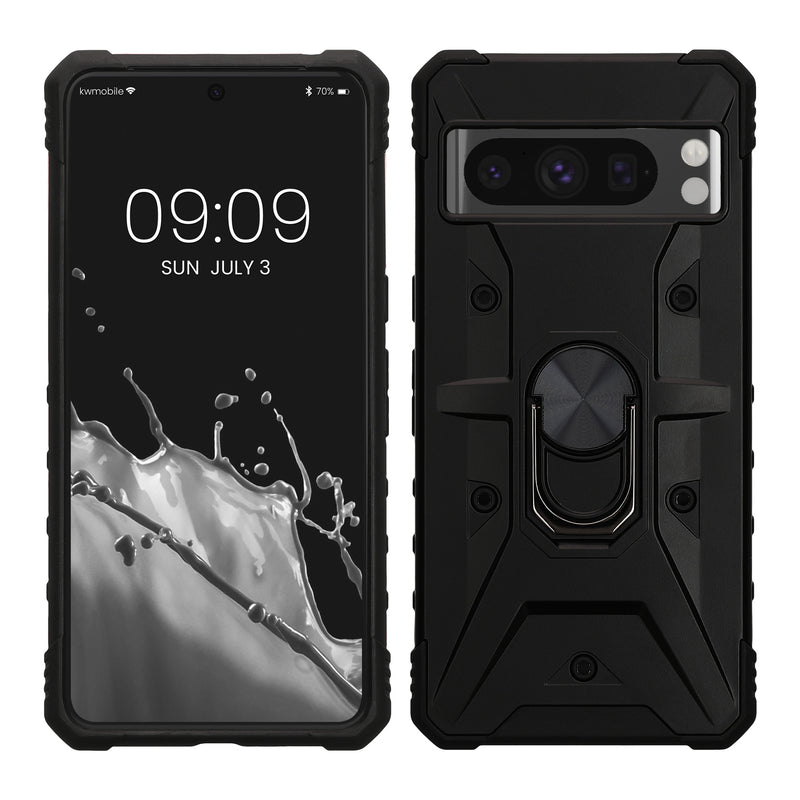 kwmobile Handyhülle kompatibel mit Google Pixel 8 Pro - stoßfeste Hülle mit Eckenschutz - Shockproof Hülle mit Fingerring aus Metall - Schwarz Schwarz  
