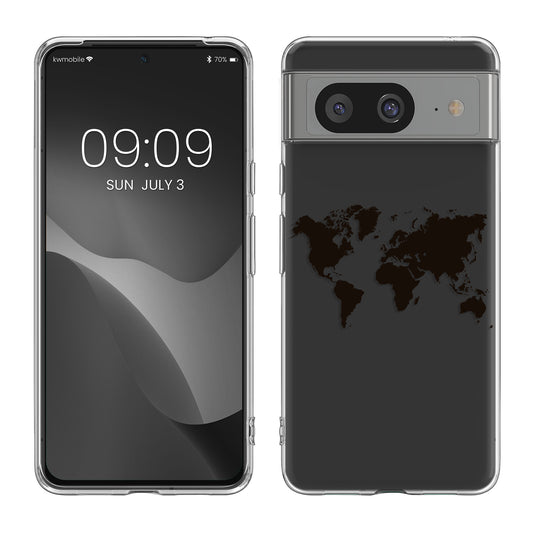 kwmobile Case kompatibel mit Google Pixel 8 - Hülle Silikon transparent Travel Umriss Schwarz Transparent Schwarz  [dsg02]